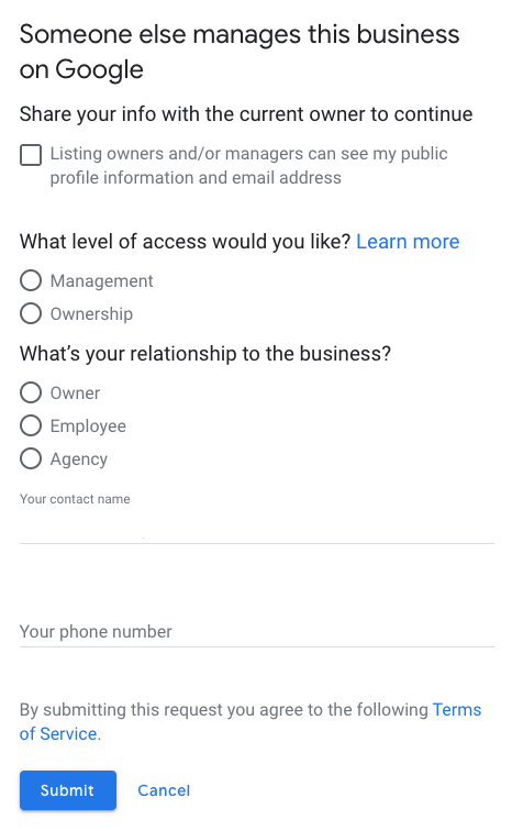 request ownership of Google My Business form